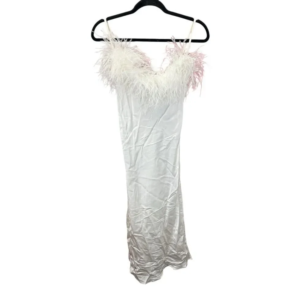 Sleeper White Boheme Feather Trim Slip Dress Size XS 100% Rayon Satin Bridal